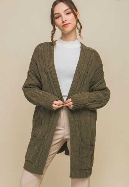 The Beth Cable Knit Cardigan With Front Pockets
