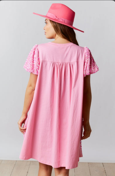 Velvet Sequin-Cotton Jersey Dress with Puff Sleeve