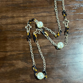 Cross Pearl and Tortoise Chain Link Long Necklace