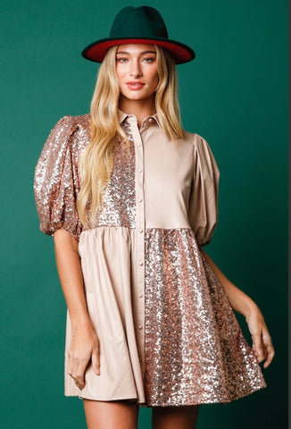 Sequin Contrast Faux Leather Babydoll Dress