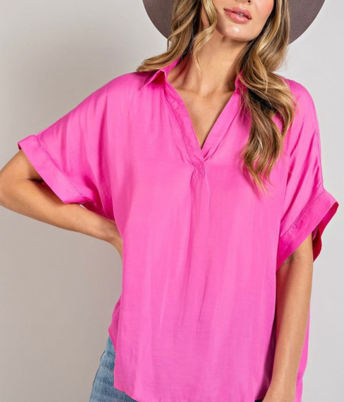 The Joni Short Sleeve Collared V-Neck Top
