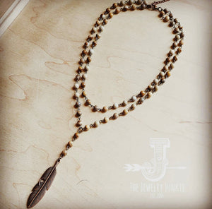 Double Strand Lariat Jasper Necklace with Cooper Feather